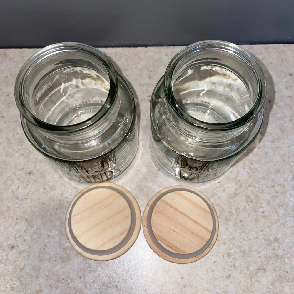 Rae Dunn Vanity Set Glass Wood Jar Containers Cotton Swabs Cotton Rounds